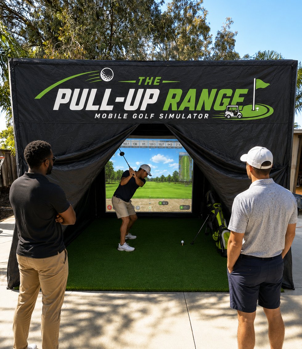 The Pull Up Range mobile golf simulator set up at a backyard event